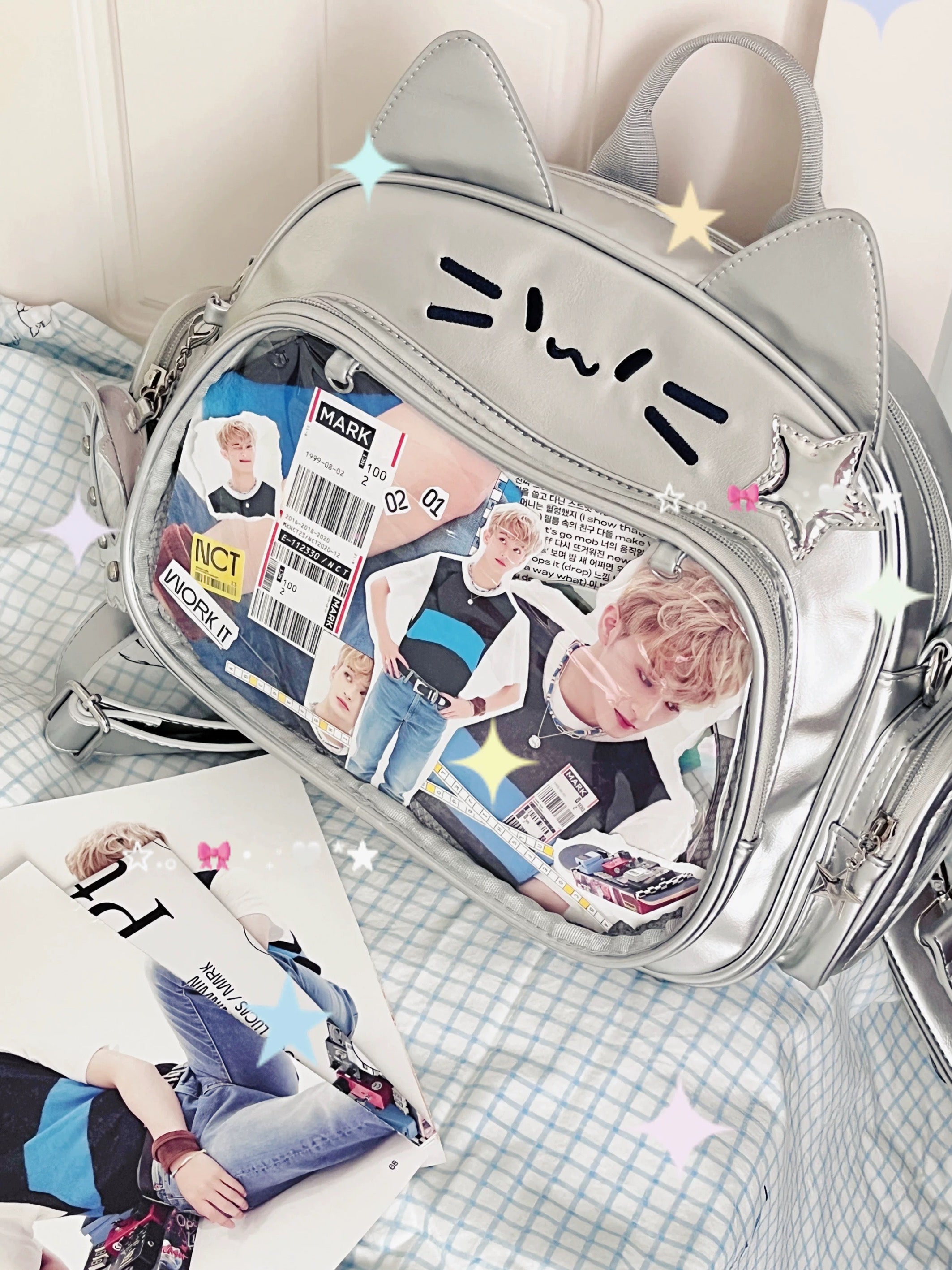 Kawaii Cat Whiskers Embroidery Ita Backpack Clear Window Display Bag Cute Anime Style